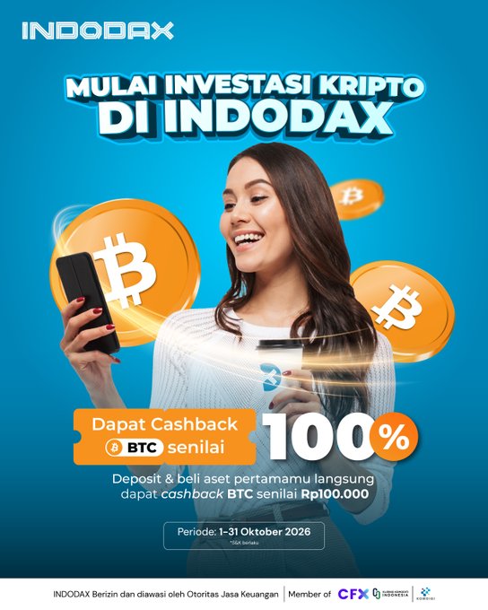 A woman smiles while holding a phone alongside two large Bitcoin (BTC) coins on a blue background, promoting Indodax's "Mulai Investasi Kripto di Indodax" campaign offering 100% BTC cashback valued up to Rp100,000 for new deposits and first crypto purchases during October 1-31, 2026.