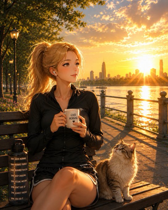 A blonde woman sits on a park bench at sunrise holding a mug labeled "GOOD MORNING" beside a tabby cat, with a water bottle beside her listing positive reminders like "GOOD MORNING," "SMILE," and "REMEMBER YOU CAN DO IT" — visually echoing the post's "Good Morning" greeting and optimistic tone celebrating @base's June achievements.

A water bottle in the foreground displays the motivational text "GOOD MORNING" along with affirmations like "SMILE" and "REMEMBER YOU CAN DO IT," while the woman holds a matching "GOOD MORNING" mug, reinforcing the post's cheerful morning greeting that introduces @base's productive June milestones.