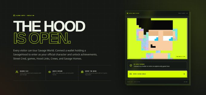 A promotional webpage for 'Savage World' by KING OUT / BUILT BY titled 'THE HOOD IS OPEN,' inviting visitors to connect a wallet, featuring a pixel art character avatar.