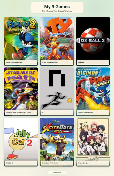 A digital collage titled 'My 9 Games' displays covers of nine retro video games including Klonoa 2, Ty the Tasmanian Tiger, DX-Ball 2, Star Wars Math, and Digimon Rumble Arena.