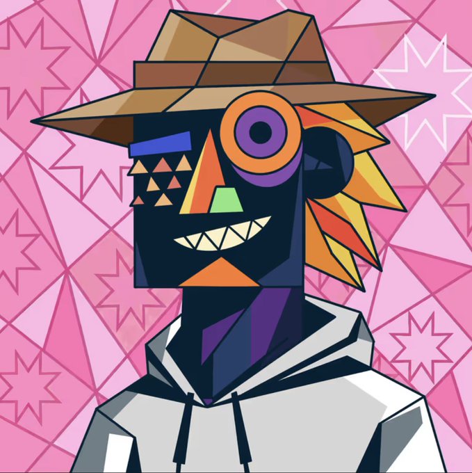 A vibrant digital artwork depicting a stylized character with a geometric, cubist-style face featuring triangular orange and purple eyes, a wide toothy grin, and a brown hat, set against a pink star-patterned background.
