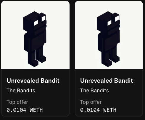 Two NFT listings for 'Unrevealed Bandit' from 'The Bandits' collection, both with top offers of 0.0104 WETH.