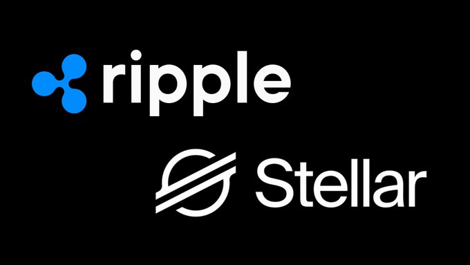The image displays the logos of Ripple and Stellar against a black background, representing two prominent blockchain networks for cross-border payments and settlements. This visually reinforces the post's message about mainstream crypto adoption depending on complementary enterprise infrastructure (Ripple's banking partnerships) and scalable decentralized networks (Stellar, $XLM) for micro-settlements and liquidity.