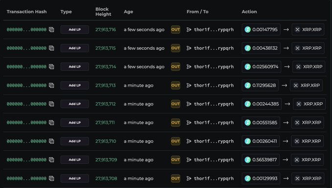 A cryptocurrency transaction history showing multiple 'Add LP' transactions from 'thorif...rypgrh' with XPR.XRP token transfers in small amounts.