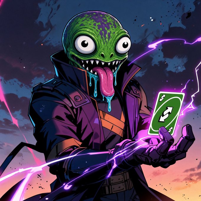 A digital illustration of a green reptilian humanoid with bulging eyes, sharp teeth, and a long pink tongue, wearing a dark coat and holding a glowing green card with dollar signs and arrows, surrounded by purple lightning.