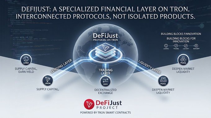 An infographic for DeFiJust describing itself as 'A Specialized Financial Layer on Tron' with interconnected lending, trading, and liquidity protocols including Lend, DEX, Liquidity, and Pool components.