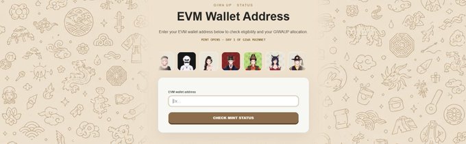 A website interface titled 'EVM Wallet Address' with a description 'Enter your EVM wallet address below to check eligibility and your GIRAUP allocation.' and a 'CHECK MINT STATUS' button.
