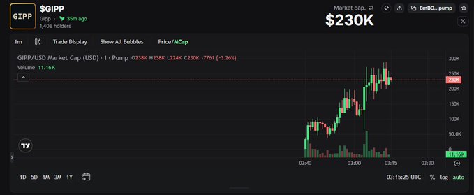 A cryptocurrency trading chart for the token "$GIPP" on gmgn, showing a market cap of $230K with a 35-minute spike from around $0 to $230K, followed by a 3.26% decline—aligning with the post's mention of a sudden surge of interest and concerns about scam tokens launched by others.