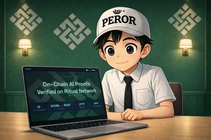 The image features a cartoon boy sitting at a desk with a laptop computer, wearing a white hat and a tie. The background of the image shows a green wall adorned with a patterned design. The main focus of the image is a text box that reads "On-chain AI Proofs Verified on Ritual Network". This text suggests that the boy might be involved in some form of AI or machine learning project, possibly related to blockchain technology. The post also mentions that this project has been completed and is ready for shipping.