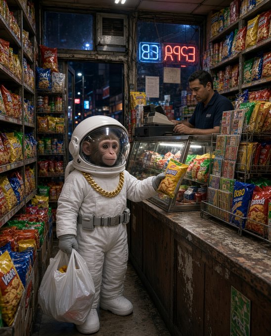 A surreal image of a chimpanzee dressed in a white astronaut suit with a gold chain, holding a snack bag, inside a convenience store while a cashier works behind the counter near an 'ESPR' neon sign.