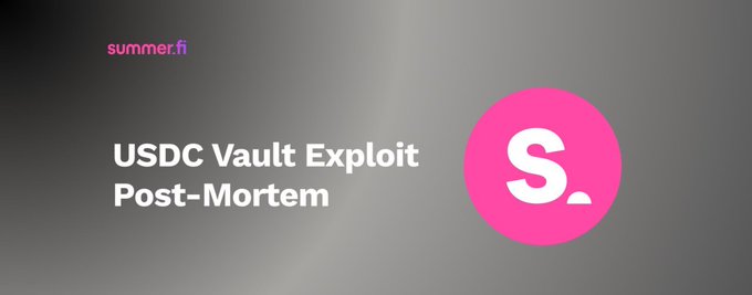A dark gradient graphic from summer.fi announcing a 'USDC Vault Exploit Post-Mortem' with a pink circle containing a white 'S.' logo on the right.