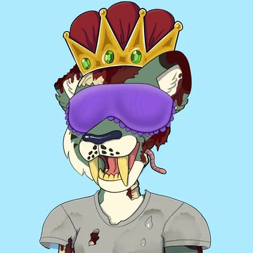 A cartoon illustration of a zombie-like cat character wearing a golden crown with green gems, a purple sleep mask, and a tattered grey shirt against a light blue background.