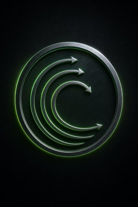A stylized metallic circular logo featuring curved arrows, with green glowing accents on a dark background, symbolizing continuity, evolution, and outward growth—mirroring BitTorrent's progression from file sharing to decentralized storage and AI computing.