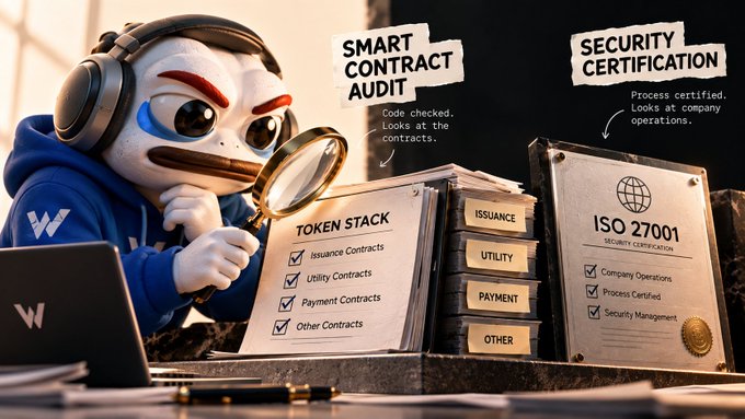 A cartoon mascot wearing headphones examines contracts with a magnifying glass, highlighting 'SMART CONTRACT AUDIT' with a 'TOKEN STACK' checklist and 'SECURITY CERTIFICATION' featuring 'ISO 27001' standards.
