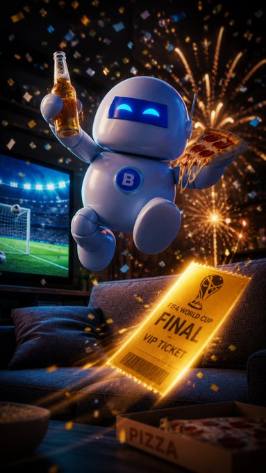 The image features a robot standing on a couch, holding a beer bottle and a pizza box with a ticket for a World Cup event. The text "June 7 is closer than you think! Still time to join BTSE Beer & Pizza Feast." suggests that there might be an upcoming event related to the World Cup or a beer and pizza festival happening soon. The post encourages people to check in and participate, possibly winning a ticket for the event.