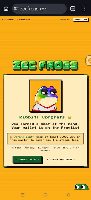 A screenshot of a website 'zecfrogs.xyz' showing a 'ZEC FROGS' NFT interface with a pixelated frog character and text 'Ribbit! Congrats You earned a seat at the pond.'