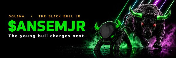 A bold promotional banner for the $ANSEMJR meme coin on Solana features a black bull graphic with glowing green horns and neon accents, alongside the text "THE BLACK BULL JR" and "$ANSEMJR" with the tagline "The young bull charges next," visually tying into the post's description of the token's launch and branding.