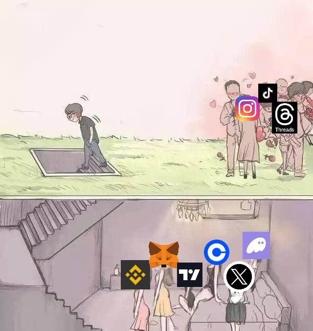 A two-panel illustration comparing superficial social media attention (top, with Instagram/TikTok/Threads logos) versus more meaningful connections on alternative platforms (bottom, featuring MetaMask, Binance, copyright, and X logos).