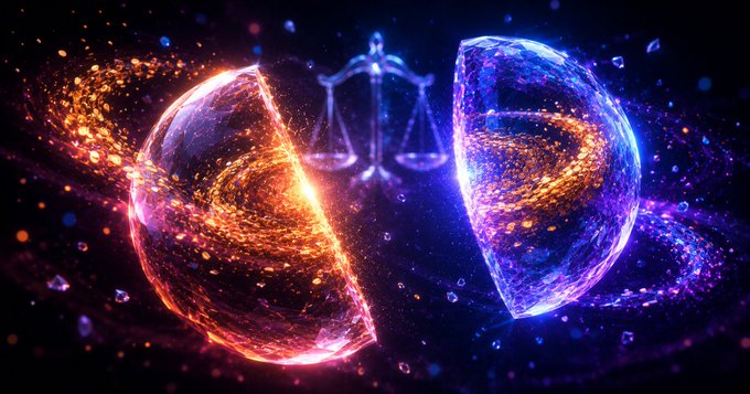 An artistic image depicts two glowing orbs—one fiery orange and one cool blue—facing each other with a translucent scale of justice in the background, symbolizing balance or duality.