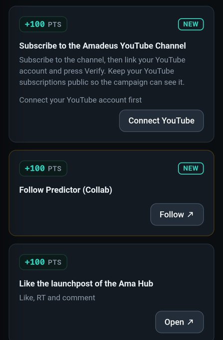 A mobile app interface displaying three promotional task cards offering +100 PTS each: subscribing to the Amadeus YouTube Channel, following Predictor (Collab), and liking the launchpost of the Ama Hub.