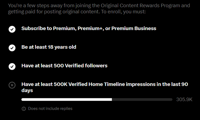 Requirements for the Original Content Rewards Program, including Premium subscription, 18+ age, 500 verified followers, and 500K verified impressions (currently at 305.9K).