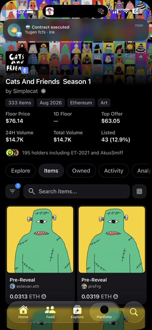 A mobile screenshot shows the Simplecat platform displaying the "Cats And Friends Season 1" NFT collection with a floor price of $76.14 (0.0313 ETH) and two "Pre-Reveal" monster listings priced at 0.0313 ETH and 0.0319 ETH, aligning with the post's noted range of 0.01–0.03 ETH for these low-tier items.