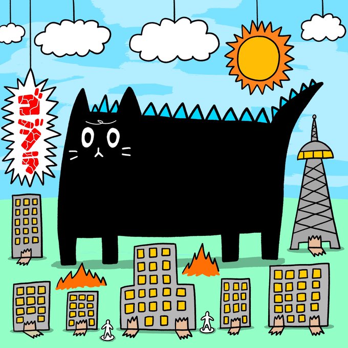 A cartoon-style drawing of a large black cat-monster towering over a burning city with small human figures running below, alongside Japanese katakana text reading 'ゴジラ' (Godzilla).