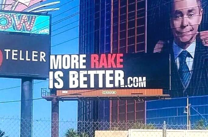 A billboard reading 'MORE RAKE IS BETTER.com' next to 'LATE SHOW' signage and an image of Stephen Colbert, likely a satire on high platform fees.
