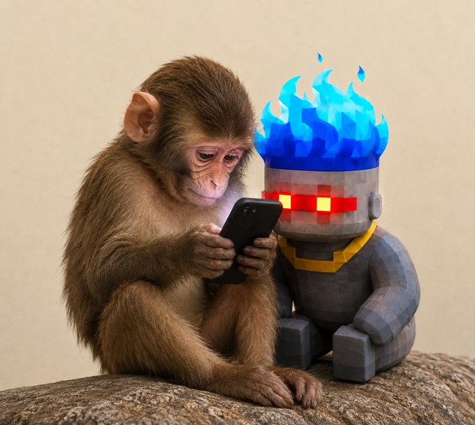 A monkey stares intently at a phone next to a Minecraft-style netherite golem figure with a blue flame head. The image humorously ties into the post's crypto promotion by literally depicting an "ape" (monkey) looking at a "fone" (phone), matching the slang "ape on $fone."