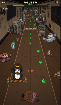 A screenshot from a 3D mobile game featuring a penguin character in a corridor, dodging green dots and collecting items with a score of 40,979.