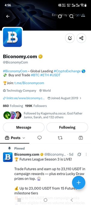 A screenshot of the X (formerly Twitter) profile for "Biconomy.com" (@BiconomyCom), a verified cryptocurrency exchange account, showing a pinned tweet about "Futures League Season 3 is LIVE" with a prize pool up to 23,110 USDT.