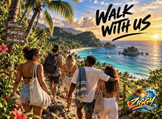A promotional image with the text 'WALK WITH US' showing a group of people looking out at a tropical beach at sunset, with a sign reading 'Good People Brighter Days This Way →' and the logo 'ZIGGY' in the bottom right.