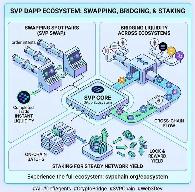 An infographic titled 'SVP DAPP ECOSYSTEM: SWAPPING, BRIDGING, & STAKING' illustrates SVP Core functions including SVP SWAP, cross-chain liquidity bridging, on-chain batches, and staking, with the URL 'svpchain.org/ecosystem' displayed at the bottom.