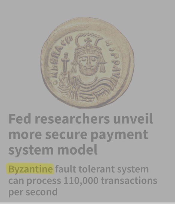 An image of an ancient Byzantine coin with the headline 'Fed researchers unveil more secure payment system model' noting the Byzantine fault tolerant system can process 110,000 transactions per second.