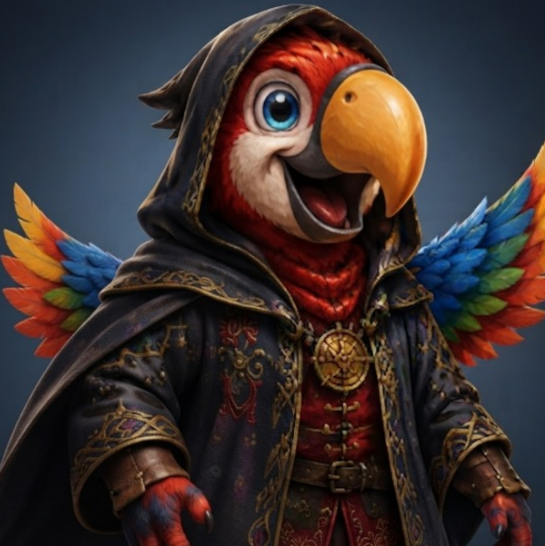 A digital illustration of a colorful parrot with vibrant red, blue, yellow, and orange feathers wearing an ornate dark hooded robe with gold detailing and a medallion.