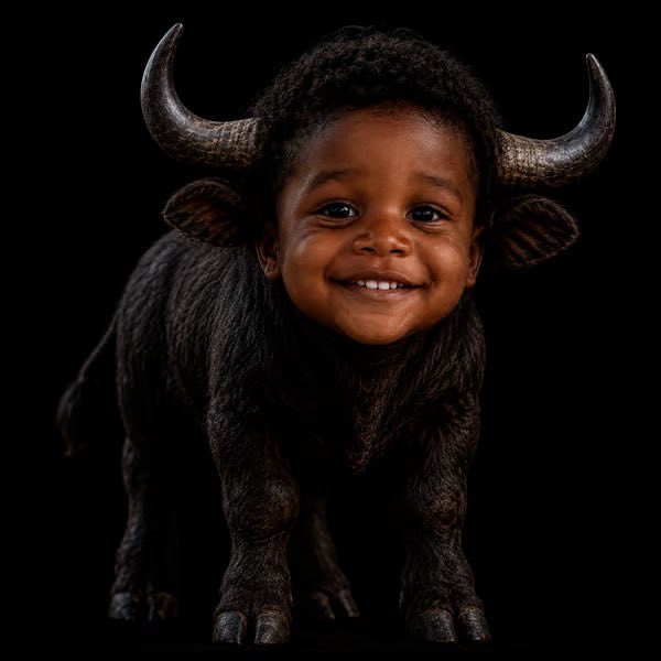 A cute baby with a smiling face has been edited onto a buffalo's body with horns, against a dark background, illustrating the concept of a "BABY" version of a larger entity as referenced in the post comparing $BABYTROLL and $BABYANSEM to their parent tokens $TROLL and $ANSEM.