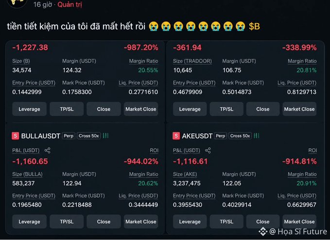 A trading losses screenshot with Vietnamese text about lost savings, showing massive losses on positions like BULLAUSDT (-944.02%) and AKEUSDT (-914.81%) with 50x leverage.