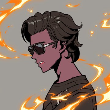 A digital illustration depicts a character with purple skin, brown hair, and sunglasses, surrounded by swirling orange flames against a plain gray background.