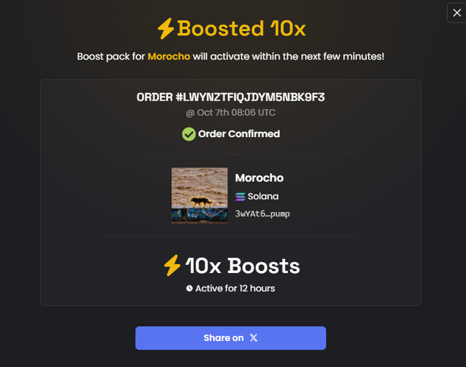 An order confirmation screen shows a 'Boosted 10x' pack purchased for 'Morocho' on the Solana blockchain, active for 12 hours.