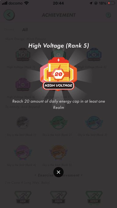 A mobile app achievement screen showing 'High Voltage (Rank 5)' badge for reaching 20 amount of daily energy cap in at least one Realm.