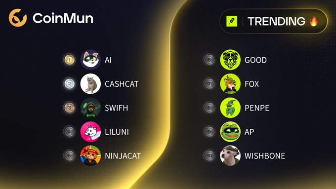 The CoinMun app displaying a "TRENDING" meme coin list featuring AI, CASHCAT, $WIFH, LILUNI, NINJACAT, GOOD, FOX, PENPE, AP, and WISHBONE.