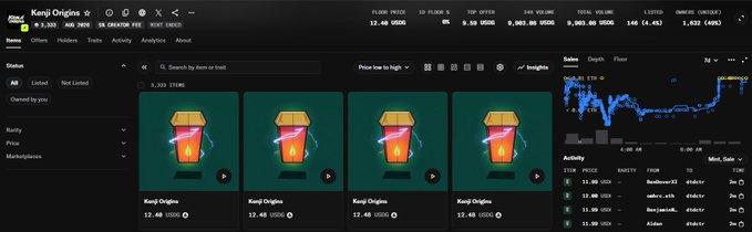 A screenshot of an NFT marketplace shows four listings for 'Kanji Origins' at 12.48 USDC each, with a floor price of 12.48 USDC and 1,632 (45%) listed.