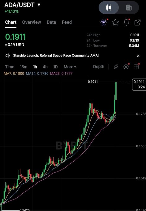 Crypto trading chart for ADA/USDT showing +11.10% gain, priced at 0.1911 USD with a 24h high of 0.1911 and 24h turnover of 11.34M.