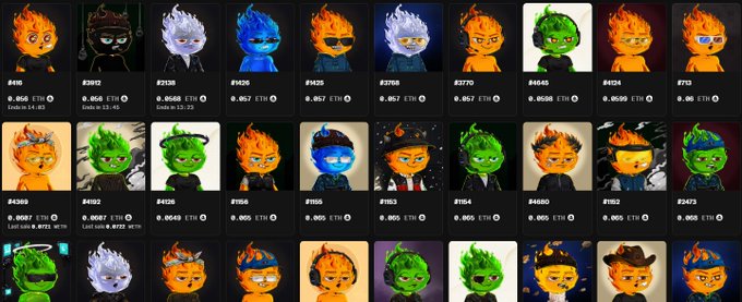 A grid of 30 digital avatar NFTs with flame-like hair in various colors (orange, green, blue, white) is displayed with prices in ETH ranging from 0.0043 to 0.0680 ETH, token IDs, and traits like "Lush Locks" visible below each character, relating to the Fuego NFT collection reveal.