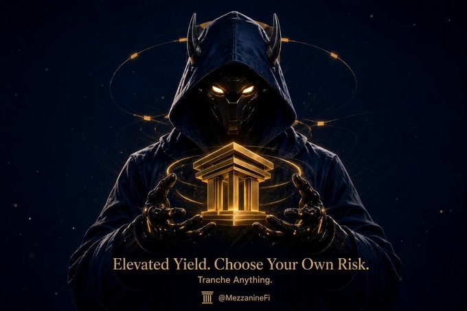A dark, futuristic promotional image featuring a hooded figure holding a glowing golden building structure, with text reading "Elevated Yield. Choose Your Own Risk. Tranche Anything. @MezzanineFi".