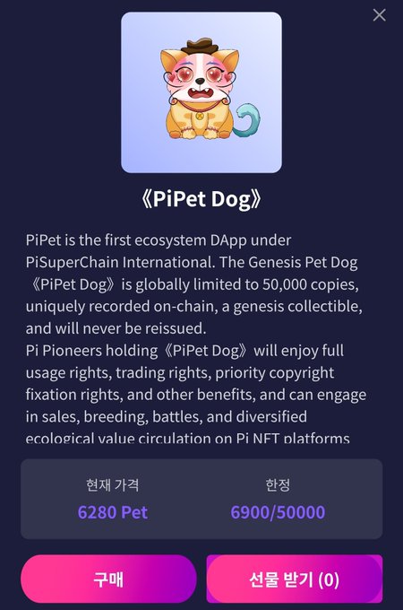 A pop-up window for a 'PiPet Dog' NFT, described as the first ecosystem DApp under PiSuperChain International, with a Genesis edition limited to 50,000 copies and Korean-language buttons for purchase.