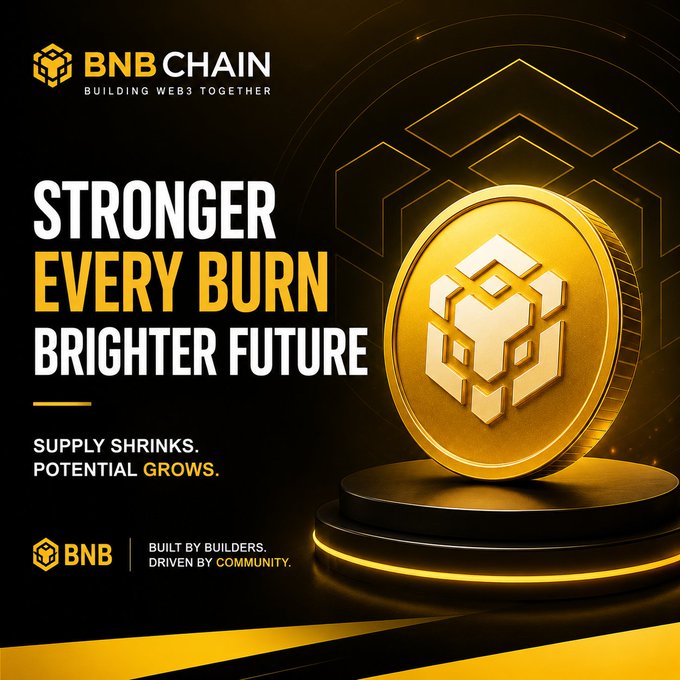 A promotional graphic for BNB Chain featuring a gold BNB coin with the text 'STRONGER EVERY BURN BRIGHTER FUTURE' and 'SUPPLY SHRINKS. POTENTIAL GROWS.' along with 'BUILT BY BUILDERS. DRIVEN BY COMMUNITY.'