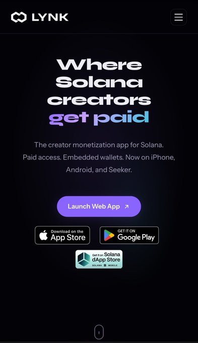 A screenshot of the LYNK app website promoting it as the creator monetization app for Solana where creators get paid, with download buttons for App Store, Google Play, and Solana dApp Store.