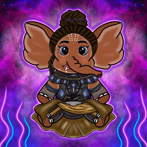 A cute cartoon elephant character with large ears, a top knot bun, and tribal markings sits meditating in lotus position wearing futuristic armor, set against a vibrant purple cosmic background with glowing flames. The image ties into the post's "#StylishBabyElephants" NFT collection being promoted, showcasing the digital artwork as the "gorgeous" piece available on OpenSea.