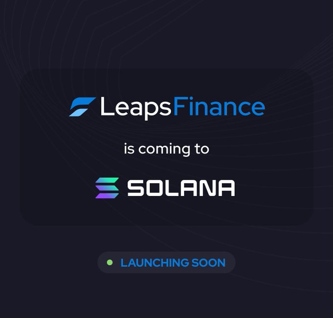 Promotional graphic announcing that 'LeapsFinance is coming to Solana,' with a 'LAUNCHING SOON' badge.
